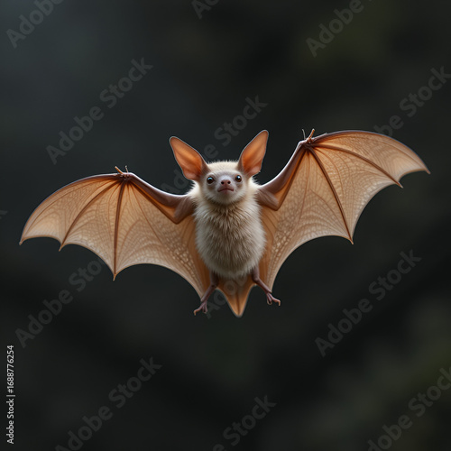 Pallid bat flying with spread wings on transparent background