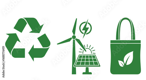 Go Green Sustainable Living Icons - Recycling, Renewable Energy & Eco-Friendly Bags