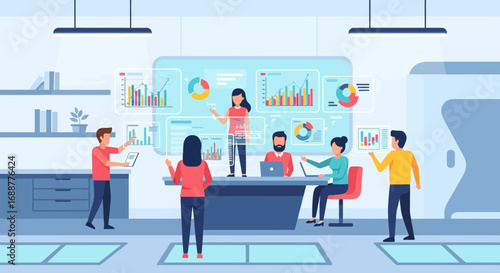 Business professionals collaborating and analyzing data with futuristic interactive dashboards and charts in a modern office environment