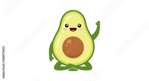 Adorable cartoon avocado character meditating in a peaceful yoga lotus pose, symbolizing health, wellness, and a balanced, mindful lifestyle, ideal for healthy eating campaigns