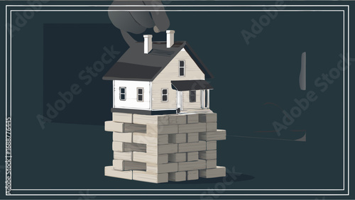 House model on a stack of blocks real estate concept illustration home building foundation risk stability.