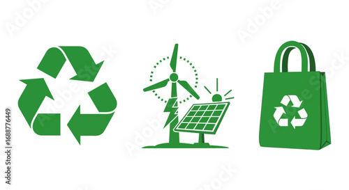 Eco-Friendly Symbols for a Sustainable Future Recycling, Renewable Energy, and Reusable Bag