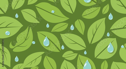 Refreshing Green Leaves with Dew Drops Pattern – A Seamless Nature-Inspired Vector Illustration for Eco-Friendly Designs and Botanical Backgrounds