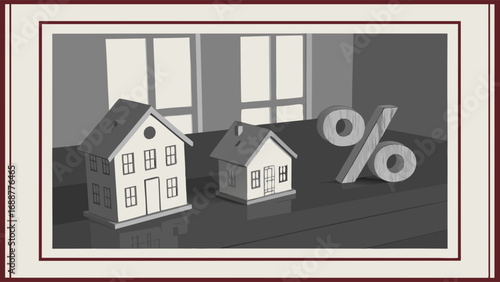 House models percentage sign interest rate mortgage real estate home buying property finance investment banking loan affordability cost affordability economics illustration 3D rendering graphic desig.