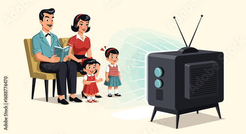 A 1950s Family Enjoys Watching Their Vintage Television Set Together at Home
