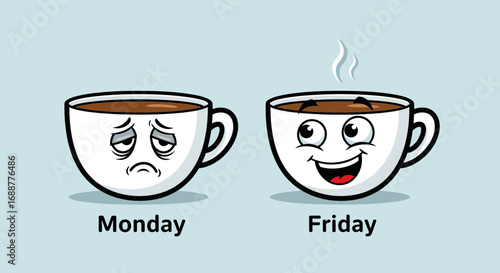 Humorous illustration showing the stark contrast between a tired Monday coffee cup and a happy, steaming Friday brew, perfectly capturing differing work week moods