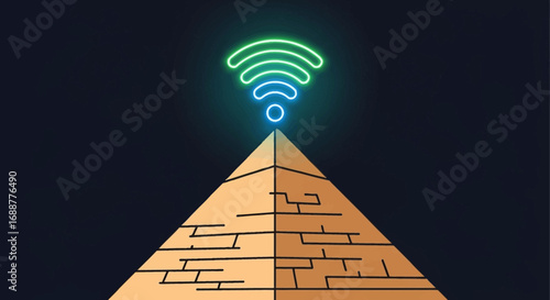Ancient Mysteries Meet Modern Connectivity A Stylized Pyramid Emitting a Radiant Neon Wi-Fi Signal, Symbolizing the Convergence of Past Wisdom and Future Technology in a Digital Age