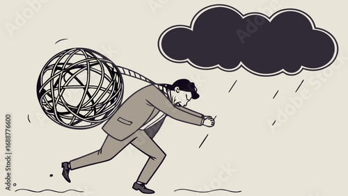 Illustration of a businessman struggling under a heavy burden in the rain.