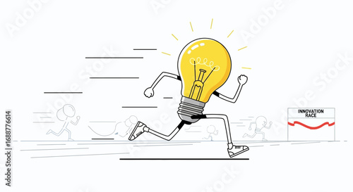 Conceptual drawing of a glowing idea running a race, symbolizing the swift pursuit of innovation and creative solutions
