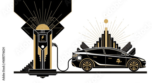 Electric vehicle charging station powering a modern car with art deco inspired design elements