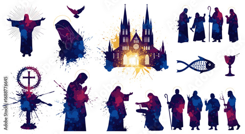 Watercolor christian symbols including jesus church and holy figures