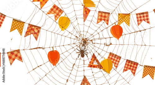 Spider web decorated with flags and paper lanterns against white sky