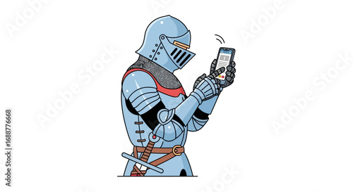 A medieval knight in shining armor engrossed in his smartphone, bridging the gap between historical combat and modern communication in the digital age