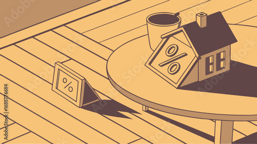 Illustration of a house model percentage sign and coffee cup on a table representing home mortgage interest rates or real estate concept.