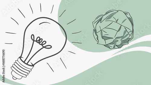 Illustration of a lightbulb and crumpled paper representing idea generation and brainstorming.