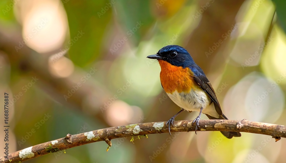 Fototapeta premium Vibrant bird perched on branch in lush forest setting