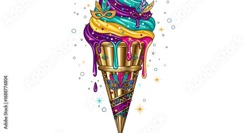 A colorful ice cream cone with mardi gras masks and dripping glaze art