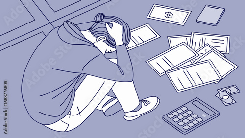 Illustration of a person stressed about finances surrounded by bills and a calculator.