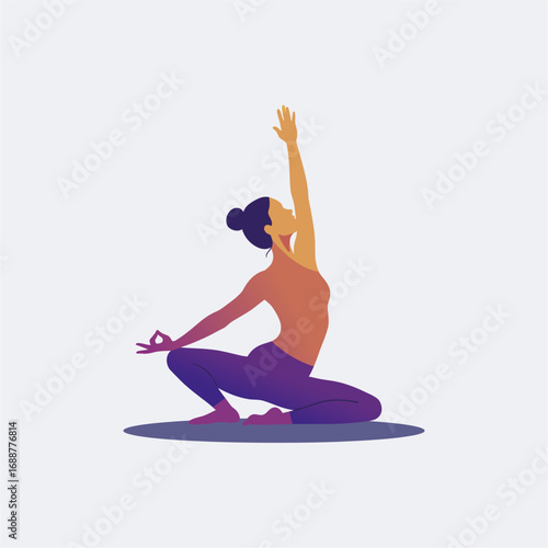 Illustration of a woman in a yoga pose, kneeling with one arm raised and the other in a mudra, against a light background.