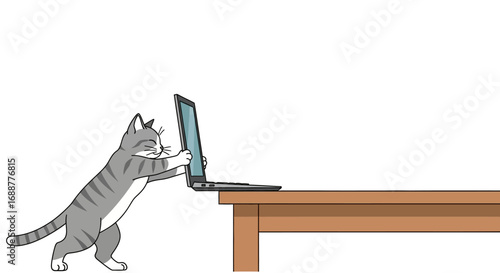 A mischievous domestic cat playfully pushes a laptop computer off a wooden table, creating a moment of digital peril and potential technological chaos