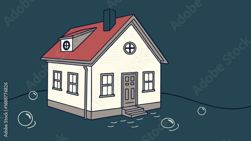 Illustration of a small house partially submerged in water with bubbles.