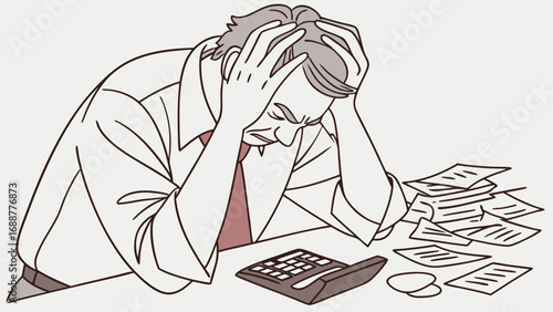 Illustration of a stressed man overwhelmed by paperwork and financial problems.
