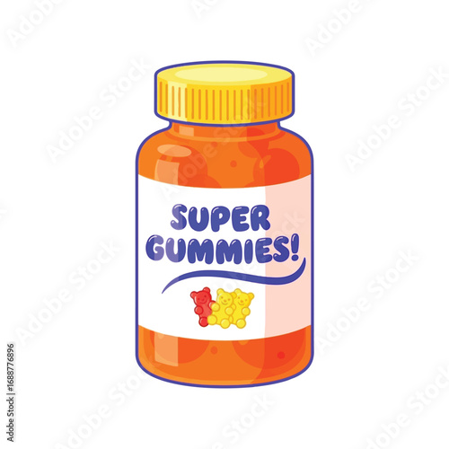 Bottle of orange super gummies with red and yellow bear candies.