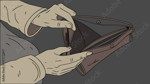 Illustration of Hands Opening an Empty Wallet Financial Difficulty Concept Poverty Broke No Money Expense Budget Savings Finance Economy Hand Drawn Style.
