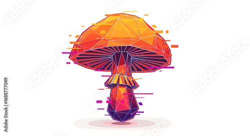 Geometric mushroom with orange cap and purple stem on white background