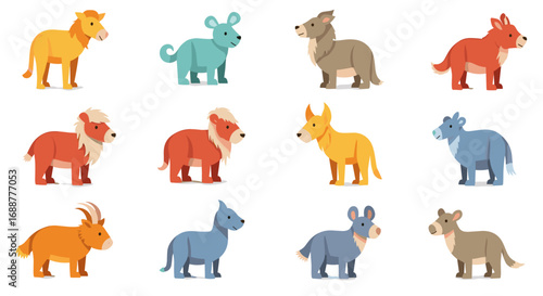 Collection of twelve colorful cartoon style animal illustrations set up