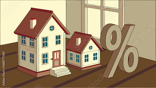 Illustration of Houses and Percentage Symbol for Mortgage Real Estate or Finance Concepts.