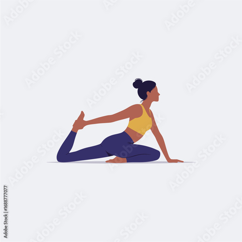 A woman in a yellow top and blue leggings is depicted in a yoga pose, stretching her leg and back.