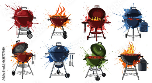 Illustration of various colorful grills with flame and splatter effects