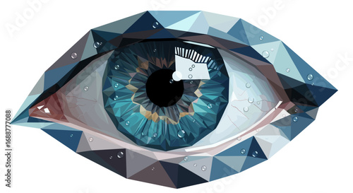 Geometric eye design with blue iris and polygonal shapes surrounding it