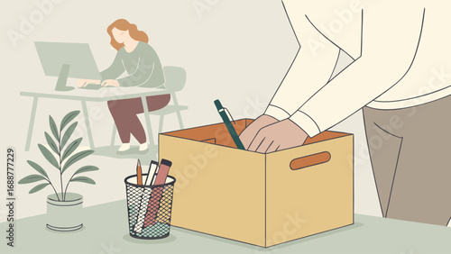 Illustration of person packing up belongings from office desk leaving job cardboard box resignation employment career leaving departure transition change moving on workspace office supplies desk pen .