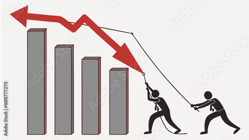 Illustration of two figures pulling down a decreasing bar graph symbolizing market downturn or economic crisis.