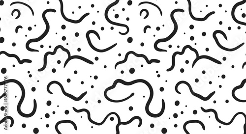 Seamless pattern with black lines and dots randomly scattered on a white background, concept for textile print, wallpaper design and decorative backdrop