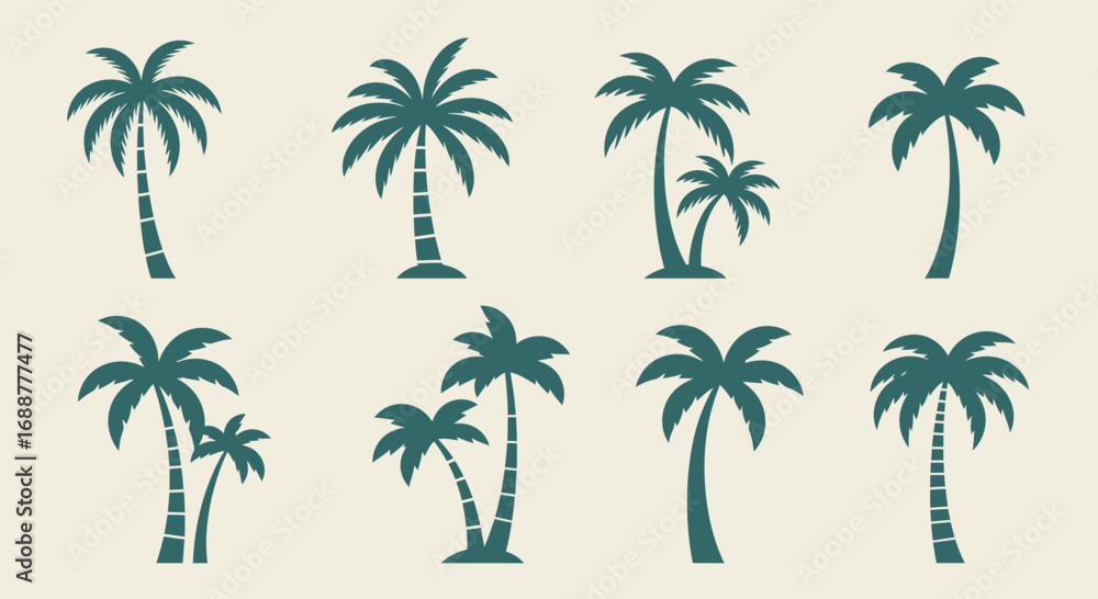 Silhouette of tropical palm trees isolated on beige background in various styles, concept for summer vacation illustration, travel agency logo and exotic paradise design