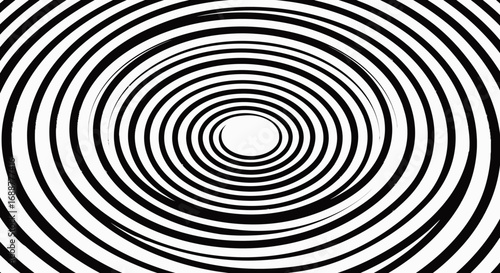 Optical illusion with concentric black and white rings creating a vortex effect. Concept for hypnotic imagery, visual arts, and graphic background elements