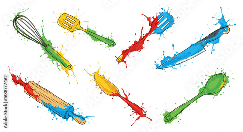 Assortment of kitchen utensils with colorful paint splatter accents art