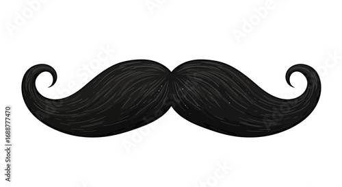 A bold and elegant black mustache with a curved style on a white background, concept for barbershop graphics, vintage fashion elements and male grooming advertisements