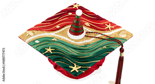A decorated graduation cap with starfish and wavy colorful patterns art