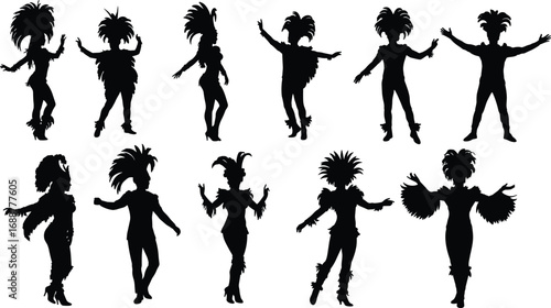Silhouettes of carnival dancers in festive feathered costumes performing joyful samba dance with dynamic poses and vibrant celebration energy.