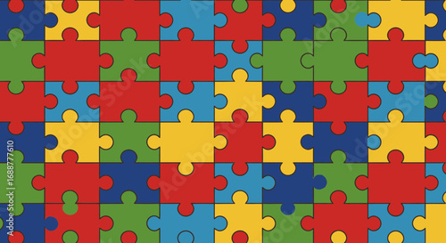 Seamless pattern of colorful jigsaw puzzle pieces arranged tightly together illustrating unity. Concept for problem solving, teamwork collaboration and strategic planning