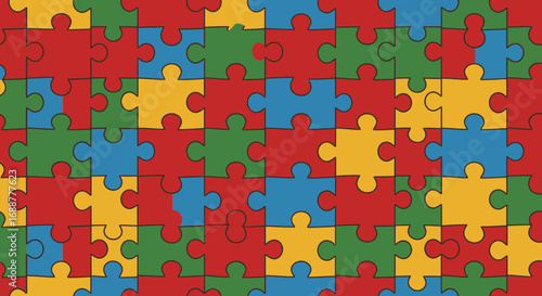 Seamless background of colorful jigsaw puzzle pieces in red, green, yellow and blue colors with hand drawn style. Concept for teamwork, problem solving and integration