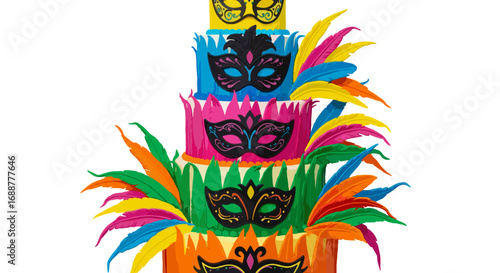 A multi tiered cake decorated with masks and colorful feather accents