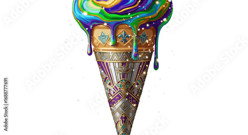 Ornate ice cream cone with colorful swirl and decorative embellishments