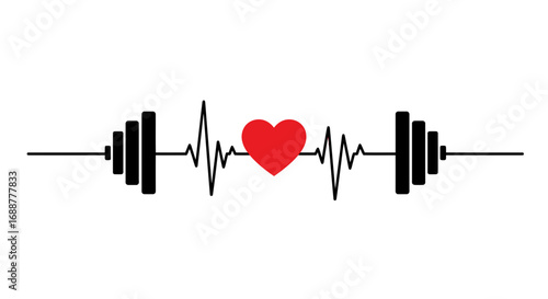 Stylized image of a barbell with heart rhythm in the middle on white background. Concept for fitness motivation, healthy lifestyle and cardiology healthcare
