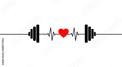 Illustration of a barbell with a heartbeat line, symbolizing fitness and health. Concept for gym advertising, cardiology health and fitness motivation