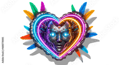 A heart shaped robotic face with neon lights and colorful feathers art